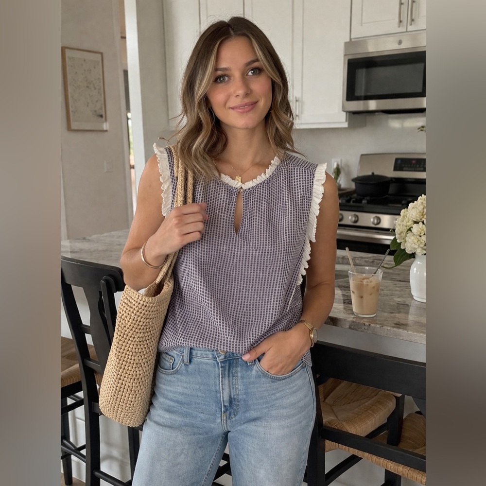 Sleeveless Blue Check Ruffle-Trim Top